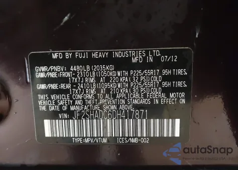 2013 Subaru Forester 2.5X Premium from USA, damaged, VIN JF2SHADC6DH417871